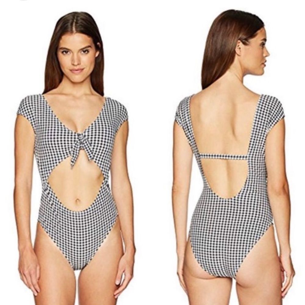 Jessica Simpson Gingham Retro Bow Cutout Cap Sleeve Maillot Swimsuit Medium
